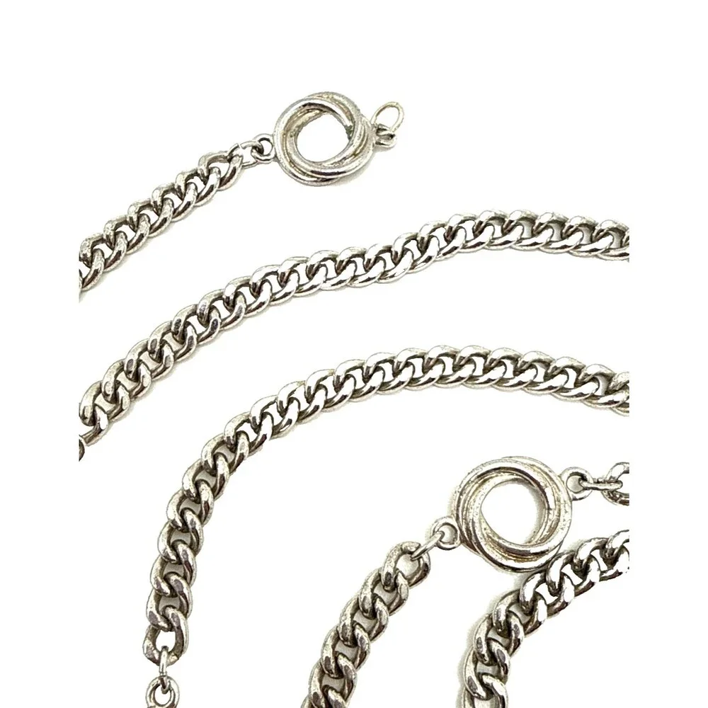 Vintage 70s MONET Silver Tone Station Chain Necklace Double Ring Long Curb 55”